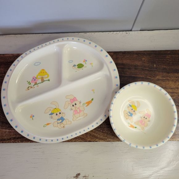 Vintage 1986 Peco Divided Childs Plate  and Bowl Set Turtle Bunnies Mushrooms - Picture 2 of 12